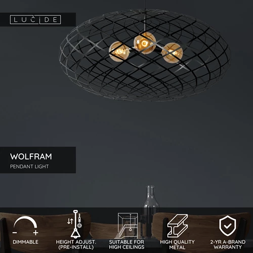 Lucide WOLFRAM - Pendant light - Ø 100 cm - 3xE27 - Suitable for double-height spaces and high ceiling - Black - USP